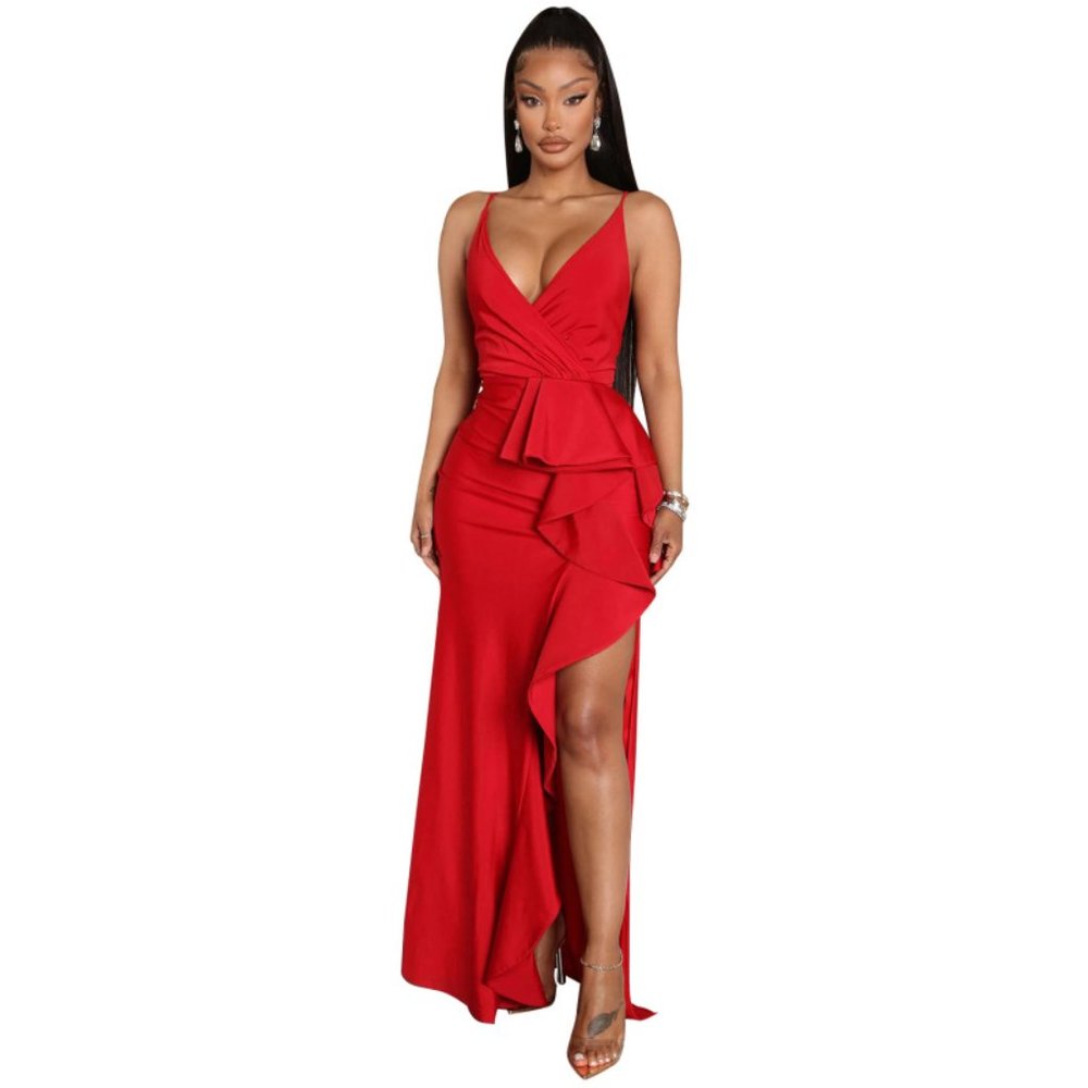Elegant Irregular Ruffled Side Slit Spaghetti Strap Maxi Party Wrap Dress